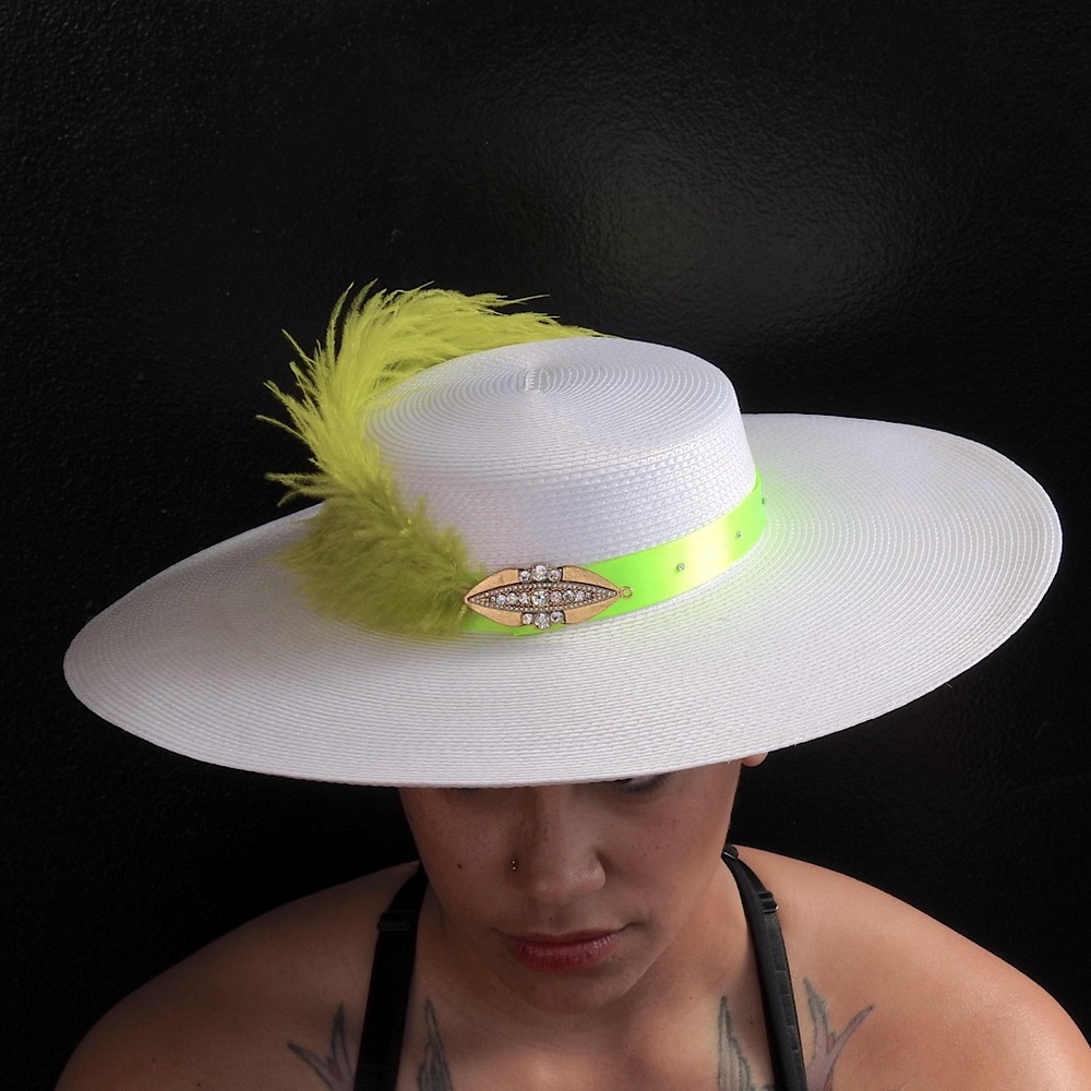 One of a kind white & green derby wide brim hat